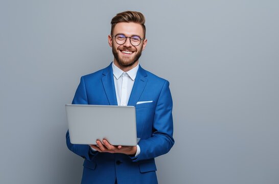 Confident man in blue suit holding laptop
 - Powered by Adobe