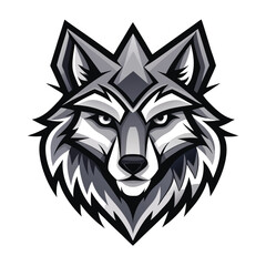 Front view of a grey wolf head displays sharp features and pointed ears