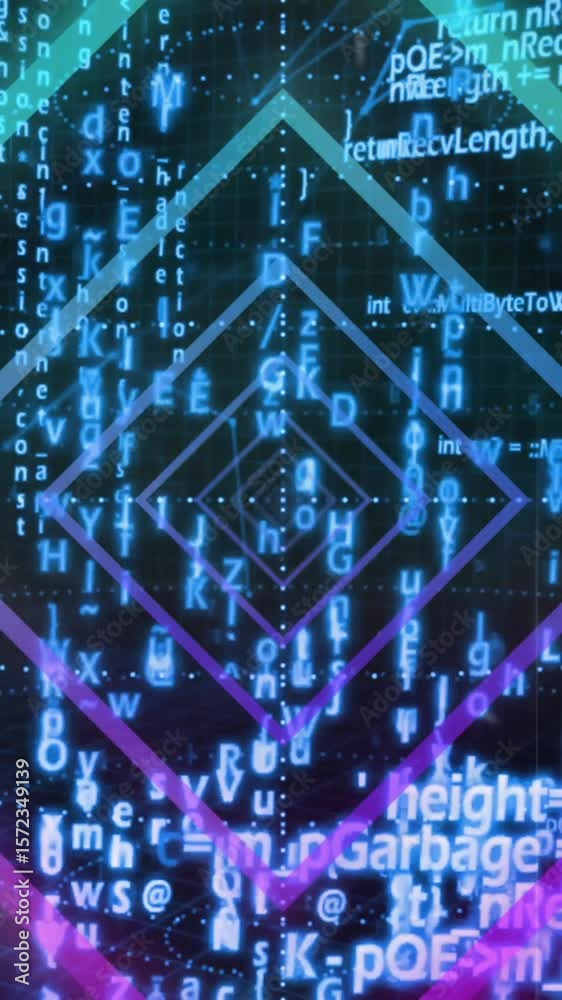 Poster animation of shapes and data processing on black background