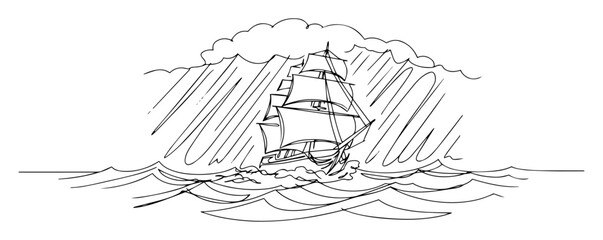 old sailing ship in rainstorm outline drawing