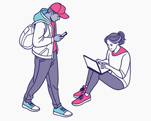 Young man and woman using gadgets on a white background modern lifestyle vector illustration