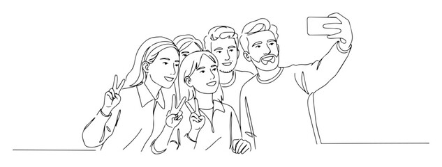 group selfie with friends making peace sign