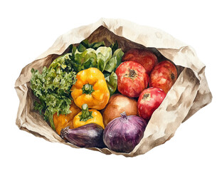 Rustic Watercolor Vegetables in Paper Bag, Isolated on Transparent PNG