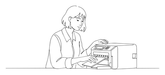 woman using printer office equipment line art