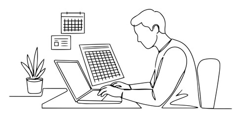 man working with calendar on laptop line art