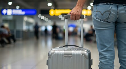Airport scene: person moving with a suitcase, set against out-of-focus background lights.

