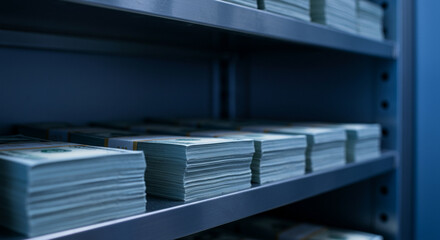 Stacks of US Dollar Bills on Shelves in a Vault, Rows of Bundled Cash in a Secure Storage Facility