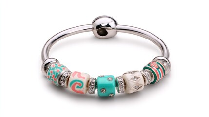 Child's silver bracelet formed into a circle with fun beads styled on white