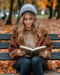 Stylish woman sitting on a park bench, reading a book surrounded by autumn leaves