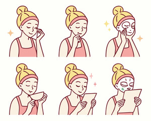 A woman's illustrated skincare routine demonstrating different facial treatments and products in a clean design
