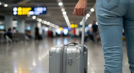 Traveler with a silver luggage bag walking through a modern airport, ready for departure.

