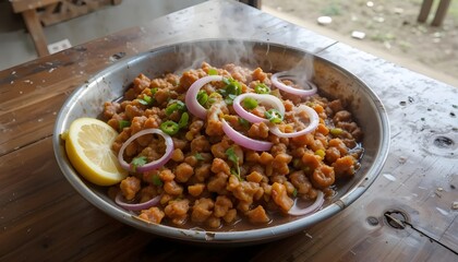 A flavorful bowl of cholay, an indian chickpea dish, garnished with onions