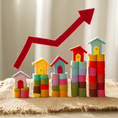 Felt Bar Chart with Miniature Houses Representing Rising Real Estate Prices