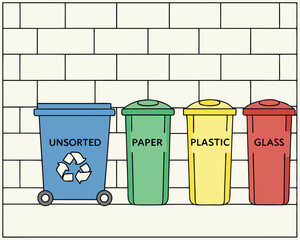 Cartoon illustration of recycling bins for paper plastic glass and unsorted items with recycled symbol
