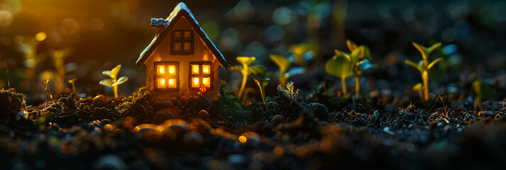 
A night scene with a miniature house softly illuminated by warm yellow light.