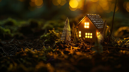A night scene with a miniature house softly illuminated by warm yellow light.
