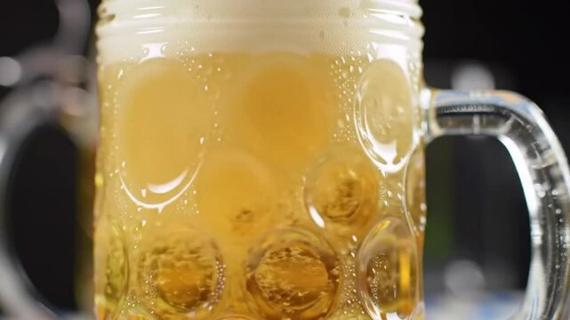 Macro Shot of Golden Beer with Condensation in a Classic Oktoberfest Stein
