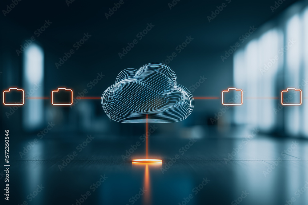 Poster cloud computing network: a digital illustration depicting a cloud server connected to multiple stora