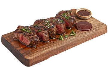 Grilled Steak Slices on Wood Board, Isolated on Transparent PNG