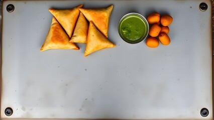 Golden samosas served with green chutney and kumquats on a gray tray