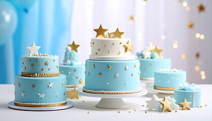 Festive Celebration Cakes:  An eye-level shot presents a collection of celebratory cakes on a white surface, their vibrant hues of blue and gold echoing a festive atmosphere.