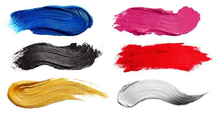 Set of colorful oil brush strokes featuring silver, red, black, blue, gold and pink shades isolated on a white or transparent background