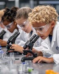 Students working on a group science experiment with lab coats, goggles, and microscopes