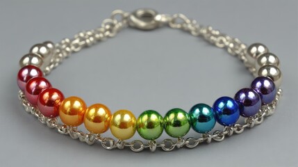 Small bracelet made of silver chain and rainbow beads arranged symmetrically on white