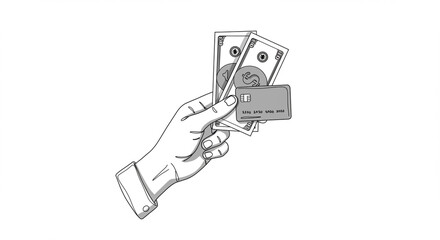 Illustration of a hand holding cash and a credit card suggesting a financial transaction, Artwork depicting a hand presenting money and a card, symbolizing payment choices