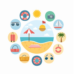 Summer beach icons set with sun palm umbrella boat sunglasses and vacation symbols vector illustration