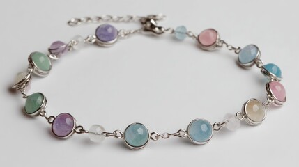 Small circular silver bracelet with pastel kid beads placed on pure white background