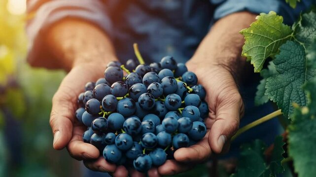 A man is holding a bunch of grapes in his hand. The grapes are ripe and ready to be eaten. Concept of abundance and freshness, as the grapes are a symbol of nature's bounty