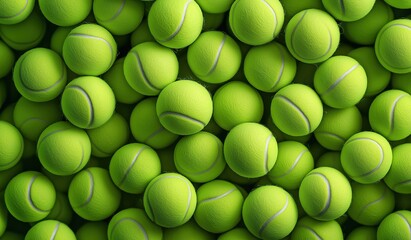 Repeating and overlapping pattern of bright green tennis balls creating an energetic sports themed background for designs, concepts and creative projects