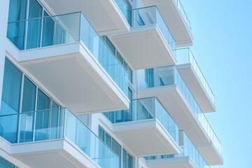 Fototapeta premium Close-up of modern apartment exterior with white glass panels and light blue accents, showcasing sleek minimalist architecture against clear sky, urban living concept
