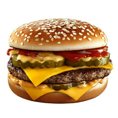 Juicy Double Cheeseburger, Sesame Bun, Isolated on Transparent PNG