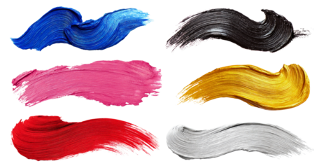 Set of expressive oil brush strokes in red, pink, blue, silver, black and gold isolated on a white or transparent background