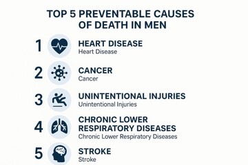 Most Common Preventable Causes of Death in Men Highlighting Heart Disease, Cancer, and Strokes in a Health Awareness Campaign