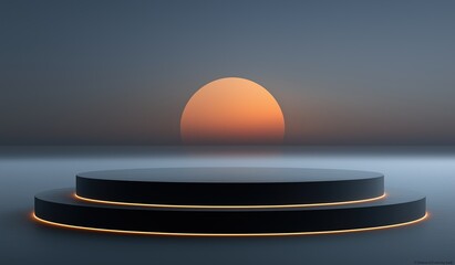 A sleek black podium with vibrant orange side lighting stands against a dramatic ocean sunset backdrop, emphasize the platform's circular form, ideal for product showcases or graphic displays