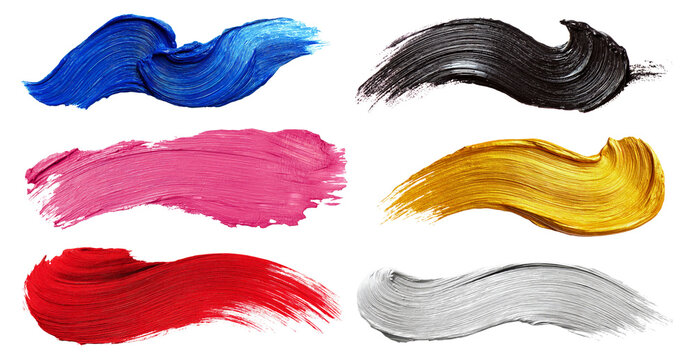 Set of expressive oil brush strokes in red, pink, blue, silver, black and gold isolated on a white or transparent background - Powered by Adobe