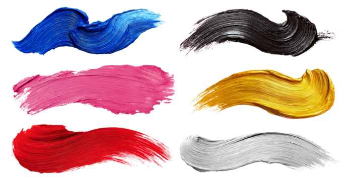 Set of expressive oil brush strokes in red, pink, blue, silver, black and gold isolated on a white or transparent background