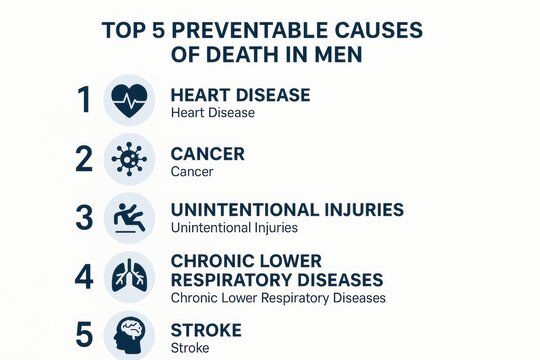 Most Common Preventable Causes of Death in Men Highlighting Heart Disease, Cancer, and Strokes in a Health Awareness Campaign
