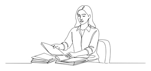 woman reading documents line art drawing
