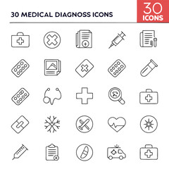 Fototapeta premium Collection of outlined medical diagnosis icons including first aid kit, pills, and medical equipment