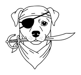 dog with sword in mouth and eyepatch