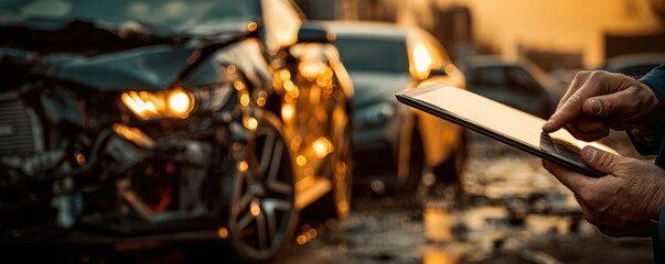 Insurance agent records car accident damage using an app on a tablet, ensuring accurate claims and quick service