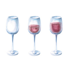 Set of three glasses with red wine of different filling. Isolated watercolor illustration in realistic style for restaurant design, bar design, menu design, printing on posters and postcards.