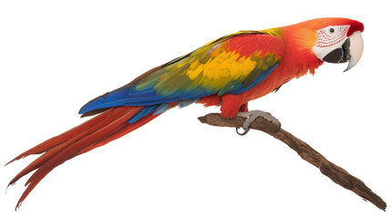 Obraz premium Vibrant scarlet macaw perched background isolated on a Transparent background, PNG file.