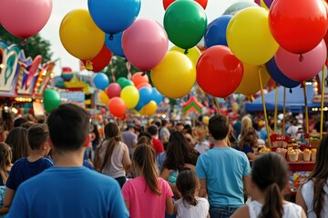 Summer fair scene with colorful balloons, carousel rides, and people enjoying treats