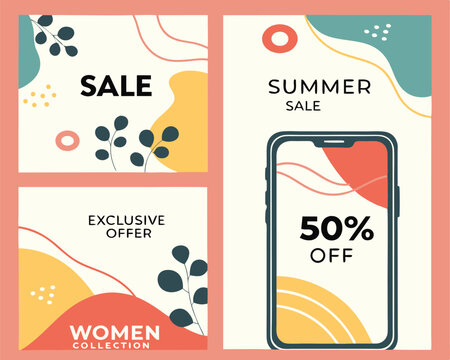 Modern summer sale promotional designs for mobile advertising with geometric and floral elements