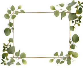 Delicate eucalyptus leaves frame a golden rectangle, perfect for elegant invitations or botanical designs against a black backdrop, transparent background